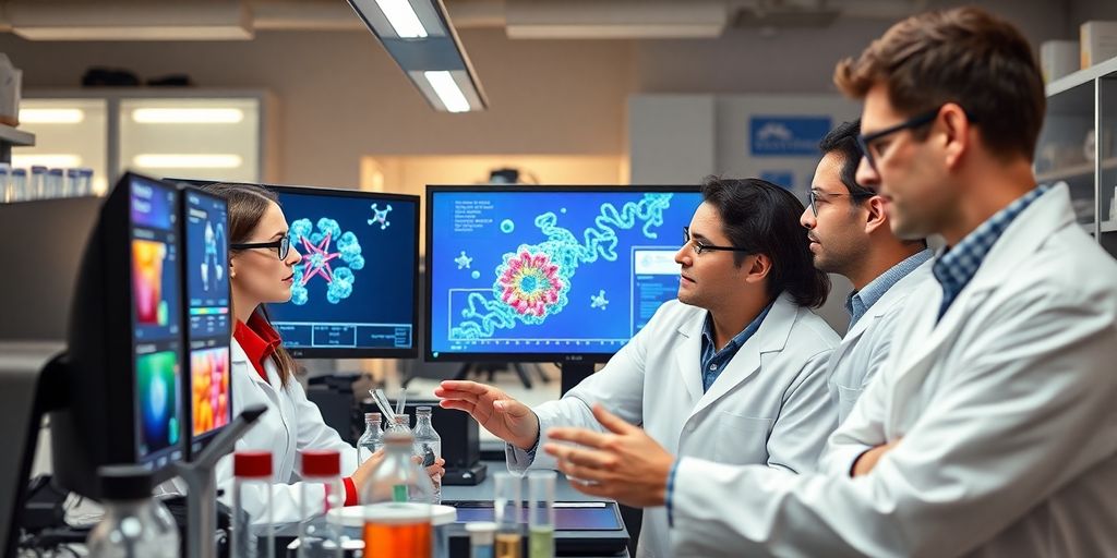 Scientists collaborating in a modern laboratory on protein design.