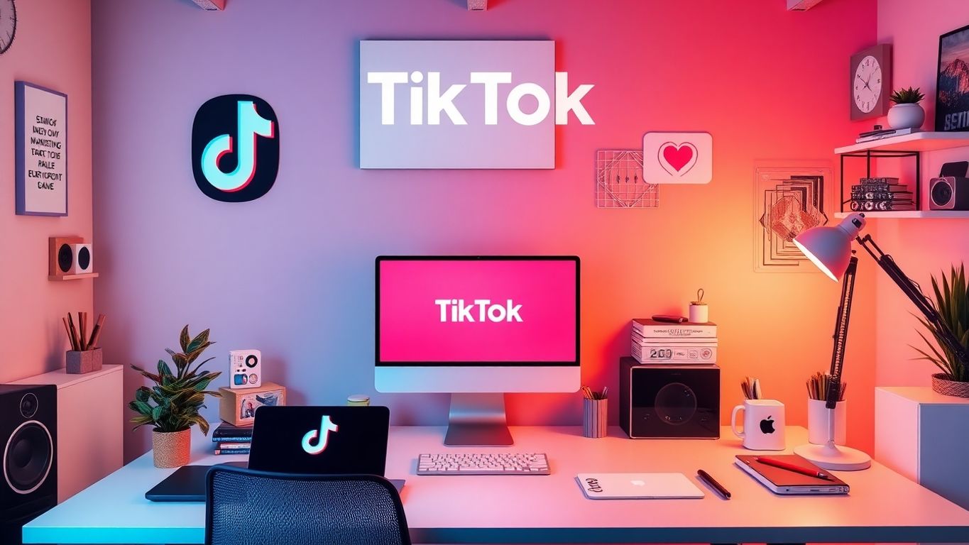 Creative workspace with TikTok branding and modern devices.