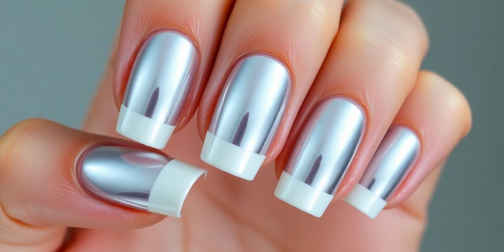 Unhas cromadas francesinhas brilhantes com reflexos metálicos em mão moderna.