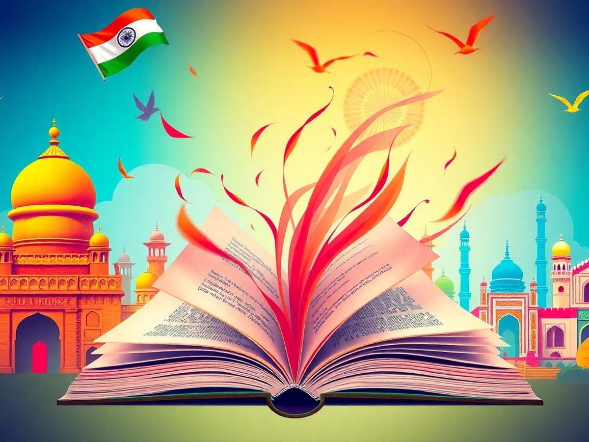 Open book with Indian landmarks and cultural elements.