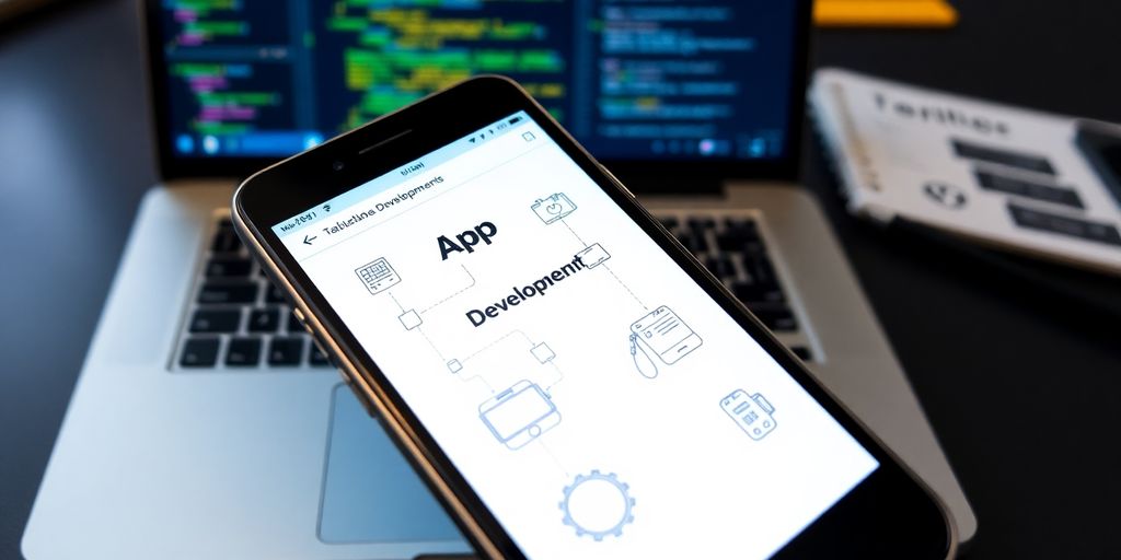 Smartphone showing app development software and sketches.