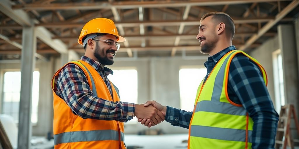Two contractors shake hands over blueprints.
