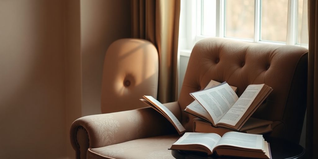 Cozy reading nook with romance novels and warm lighting.