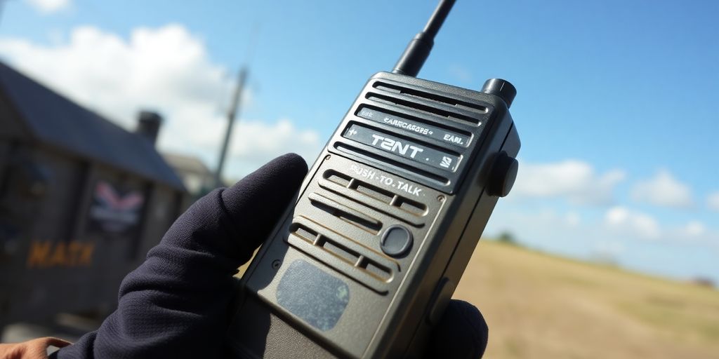 Vintage walkie talkie in hand, outdoor setting.