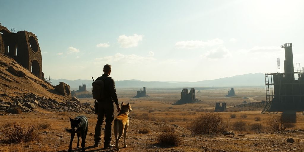 Vault Dweller and Dog in post-apocalyptic wasteland.