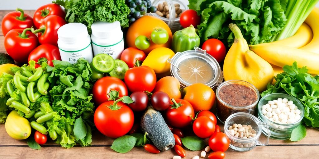 Fresh fruits, vegetables, and supplements on a table.