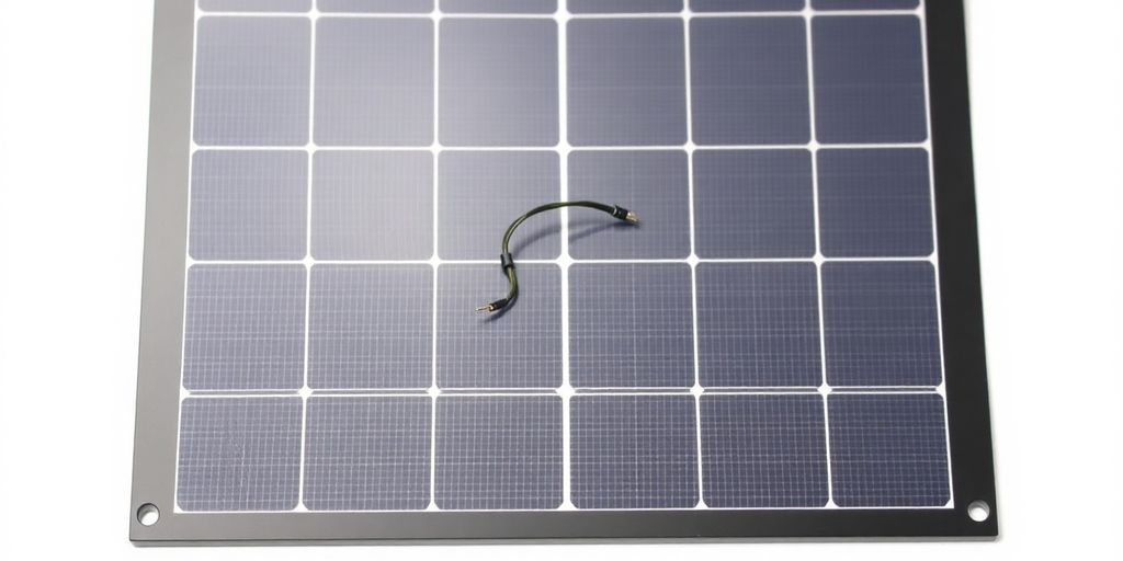 Pannello solare 12V con fili di connessione visibili su sfondo bianco.