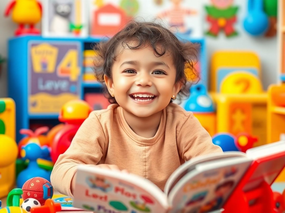 Copil fericit înconjurat de jucării educaționale colorate.