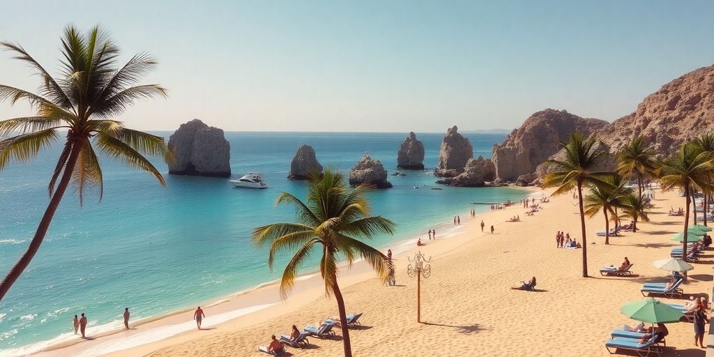 Cabo San Lucas beach with clear water and palm trees.