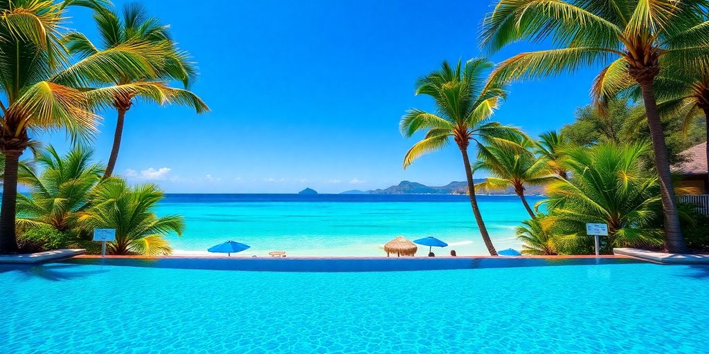 Luxury resort pool, ocean view, palm trees.