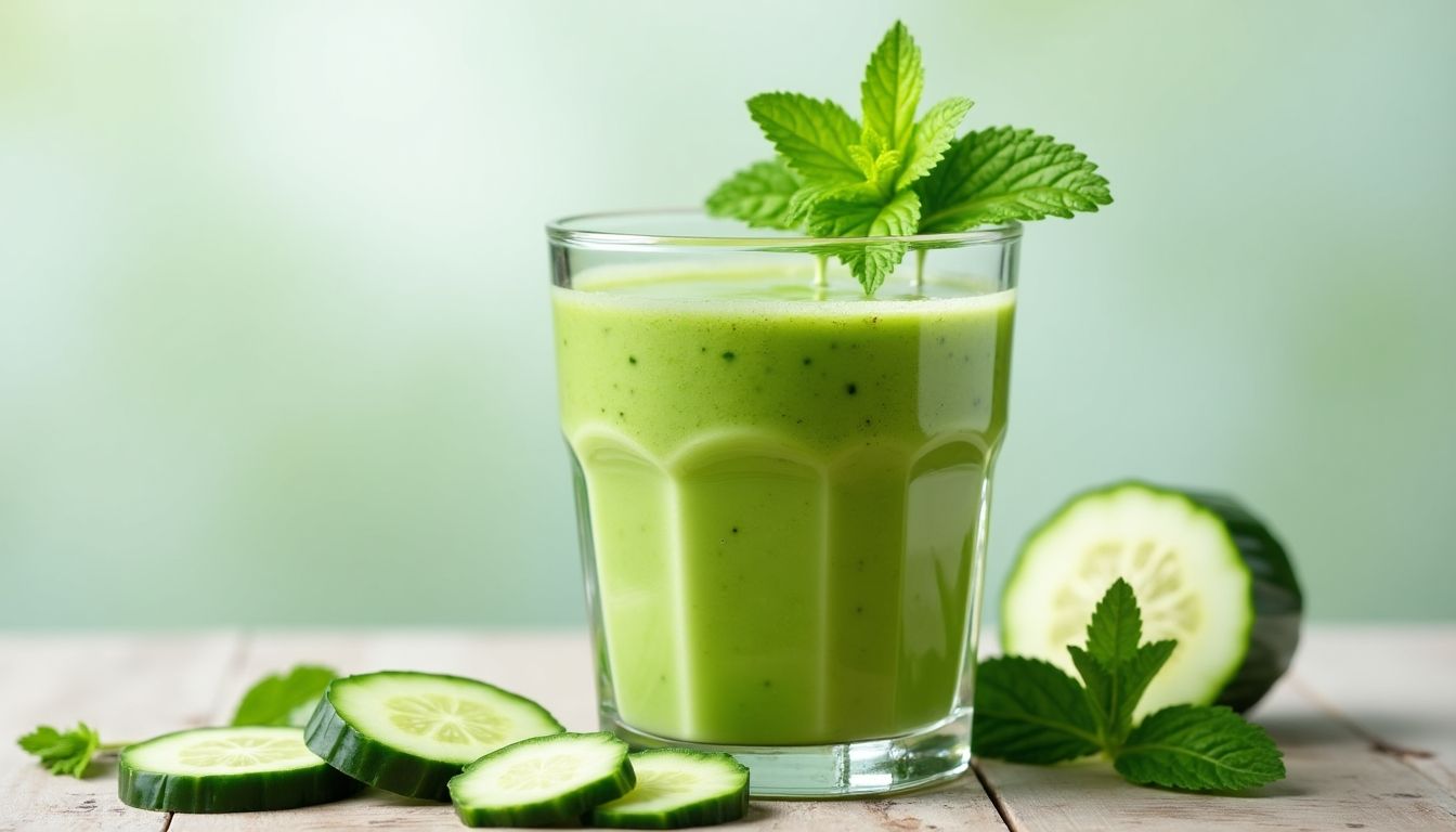 Cucumber Mint Smoothie with mint leaves and cucumber slices.