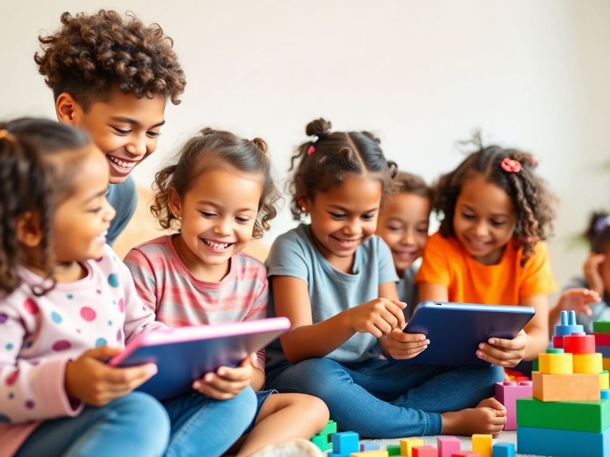 Copii zâmbitori cu dispozitive digitale