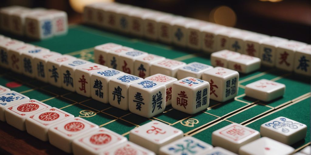 Traditional Mahjong set with various tiles showcasing intricate designs and symbols, representing the history and meaning behind tile names.