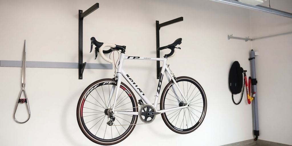 Road bike mounted on a sleek wall storage rack.