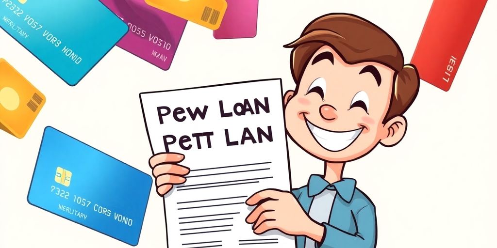 Cartoon hands holding a loan document and credit cards.