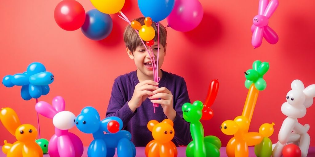 Colourful balloons twisted into various animal shapes.