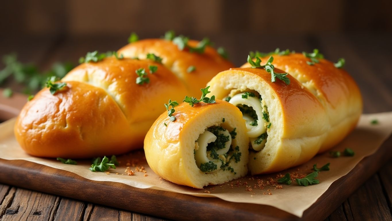 Pão de batata recheado com queijo e ervas.