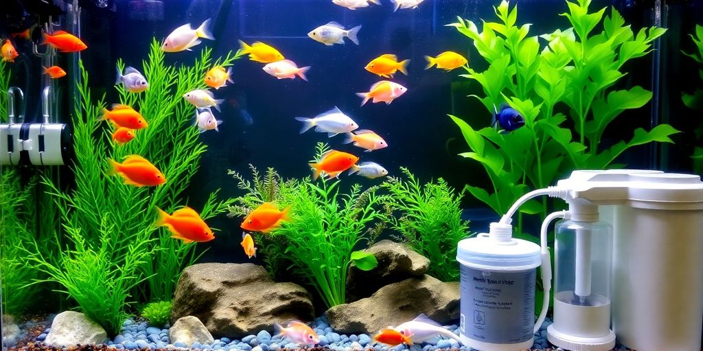 Peces de agua dulce coloridos en un acuario bien plantado.