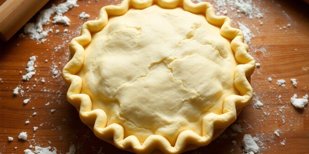 Golden flaky pie crust on a wooden surface with flour.