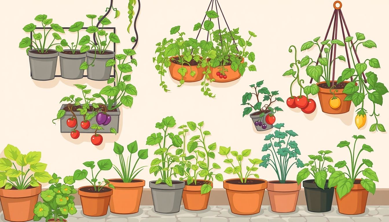 Urban garden with vertical planters and potted plants