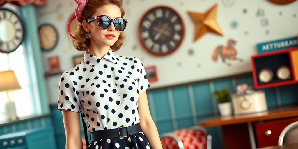 Model in 50's inspired dress with modern accessories.