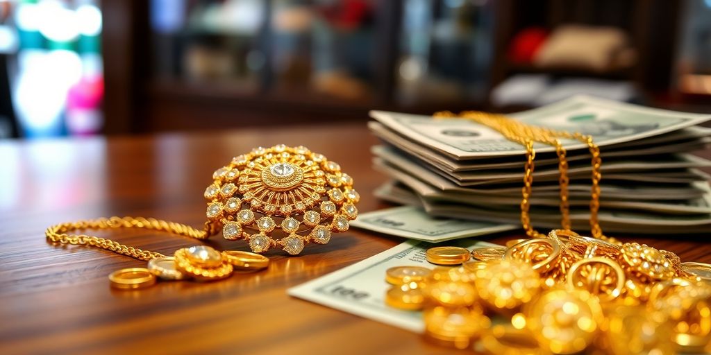 Bijoux en or et billets de banque sur une table en bois.