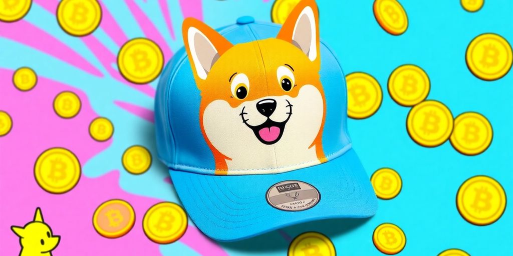 Colorful Doge cap with playful dogecoin graphics.