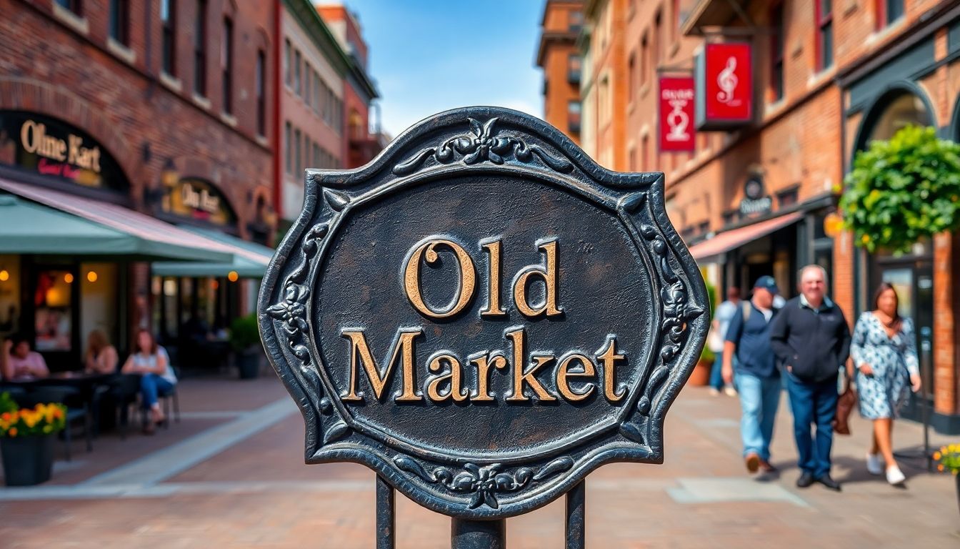 Omaha's Old Market street scene with decorative plaque.