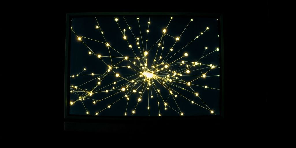 Vintage computer screen with glowing network lines.