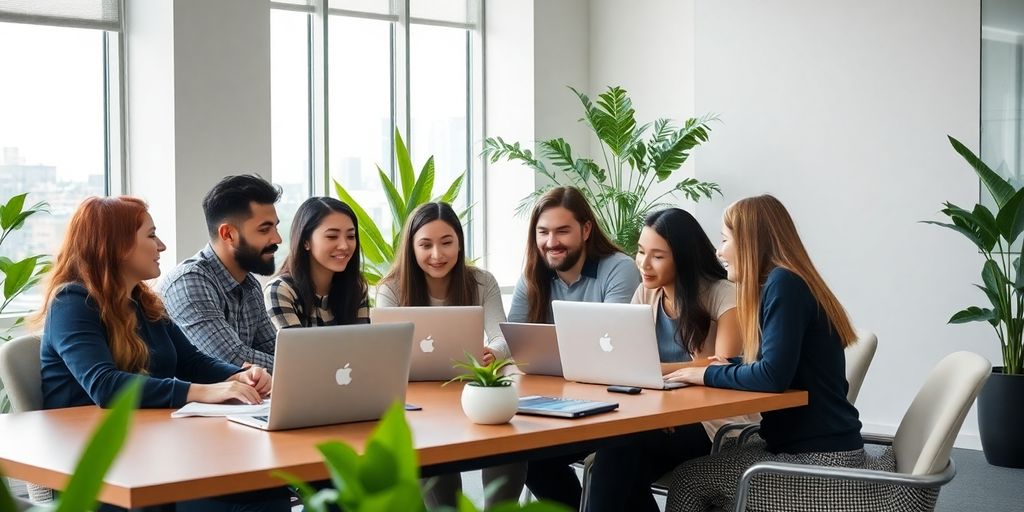 Digital marketing interns collaborating in a modern office.