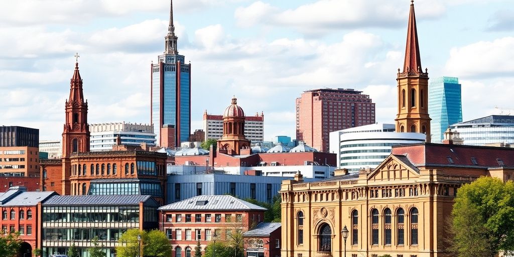 Iconic Manchester skyline with diverse architectural styles.