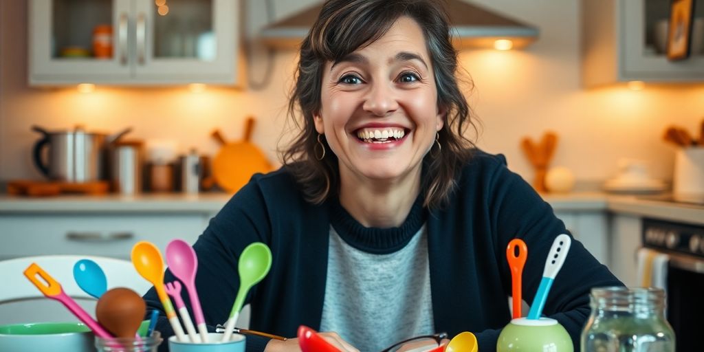 Person smiling with colorful spoons in a cozy kitchen.