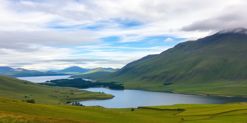 Serene Scottish Highlands landscape with mountains and a calm loch.