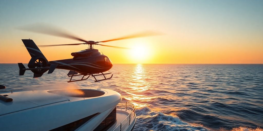 A helicopter takes off from a yacht at sea.