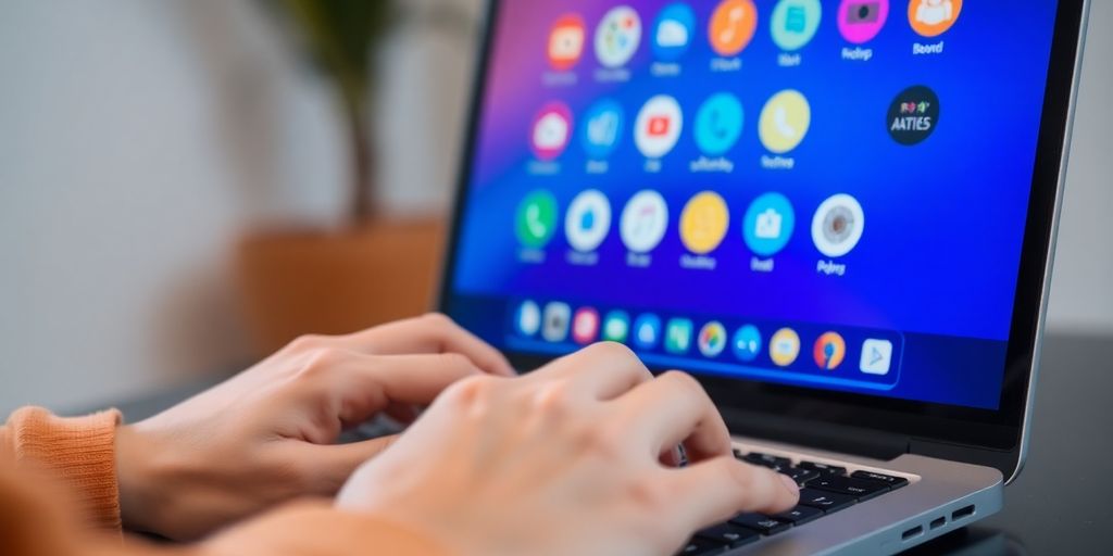 Femme travaillant sur ordinateur portable avec des icônes d'analyse