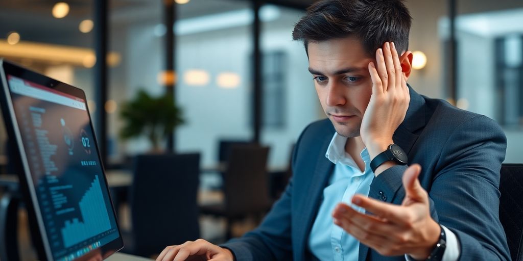 Frustrated person looking at a computer screen.