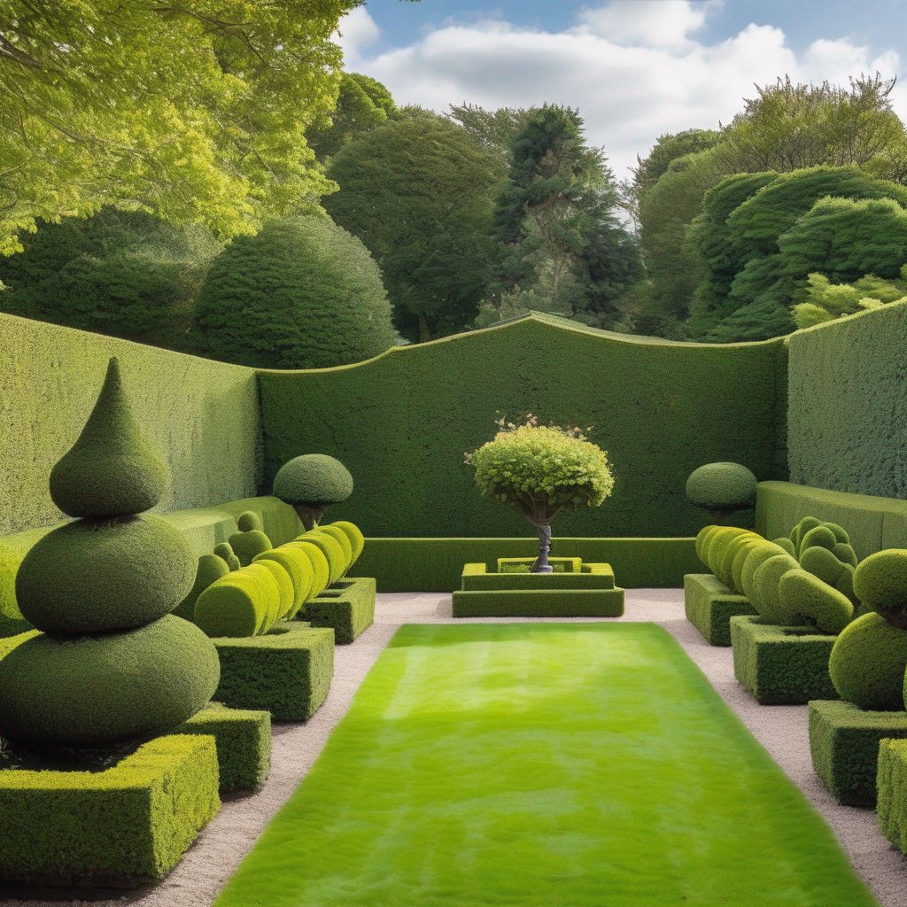 ornamental garden with sculpted hedges and topiary plants