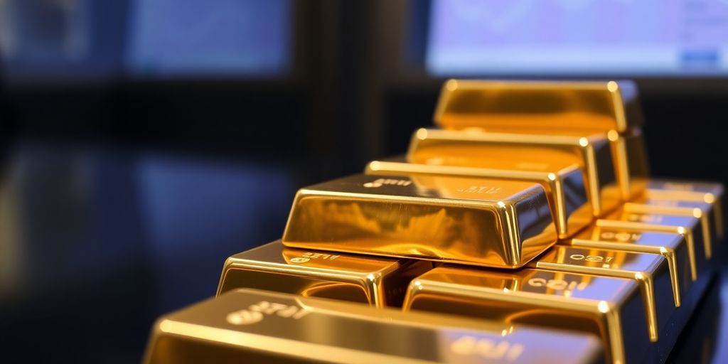 Des lingots d'or brillants dans un cadre bancaire flou.