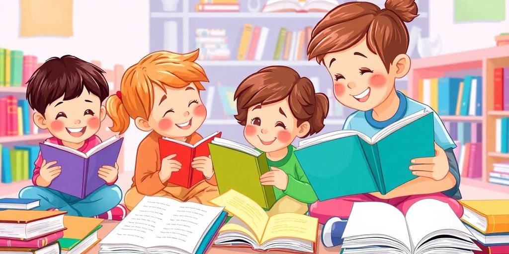 Children reading with books and educational resources around them.