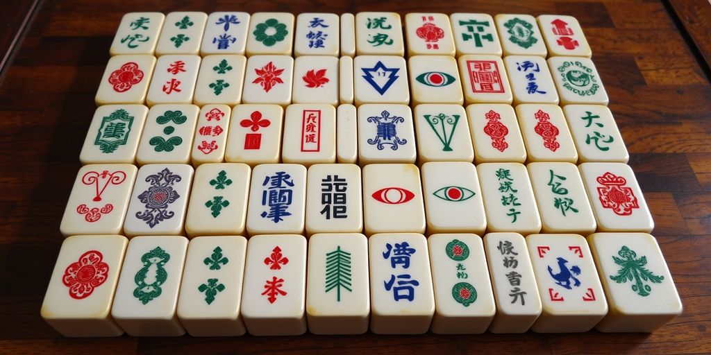 Vintage Mahjong tiles on wooden table