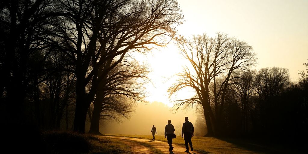 Silhouettes walking on a peaceful forest path.