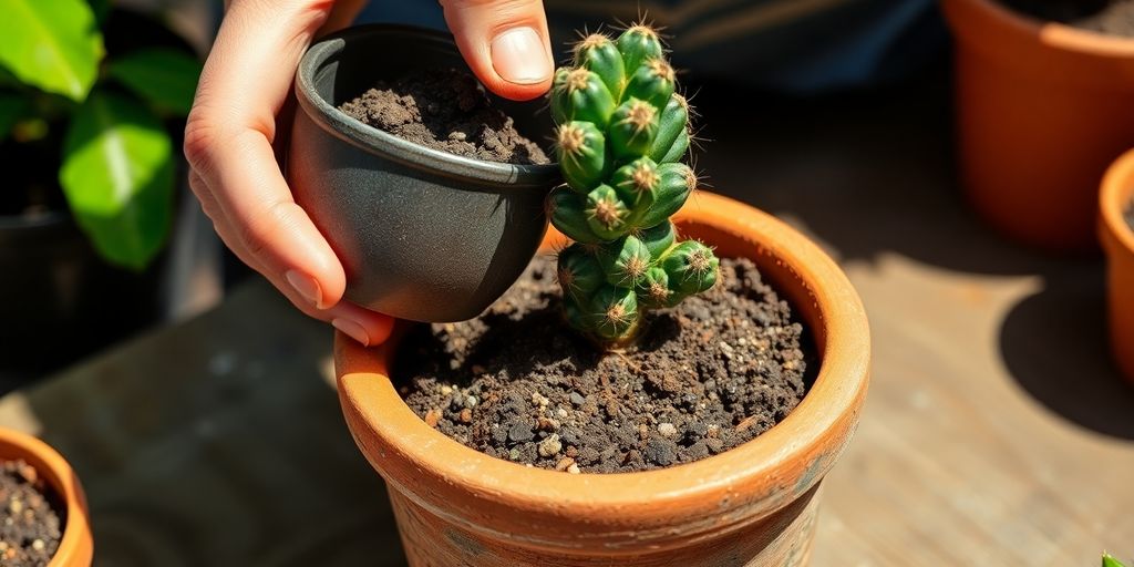 Manos trasplantando cactus pequeño a maceta de terracota.