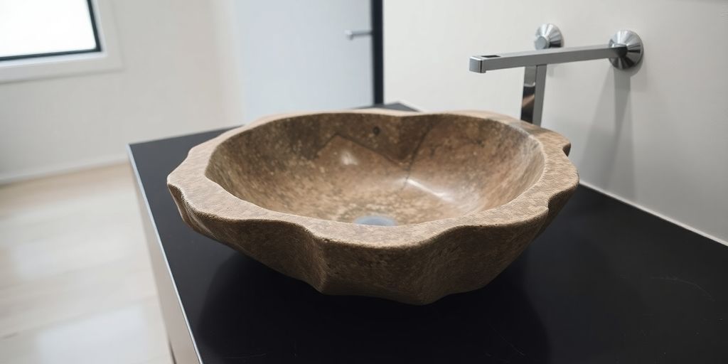 Irregular stone sink bowl in modern bathroom.