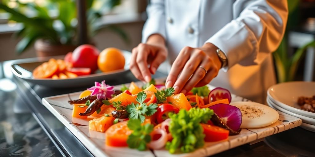 Chef preparing gourmet meal with fresh ingredients.