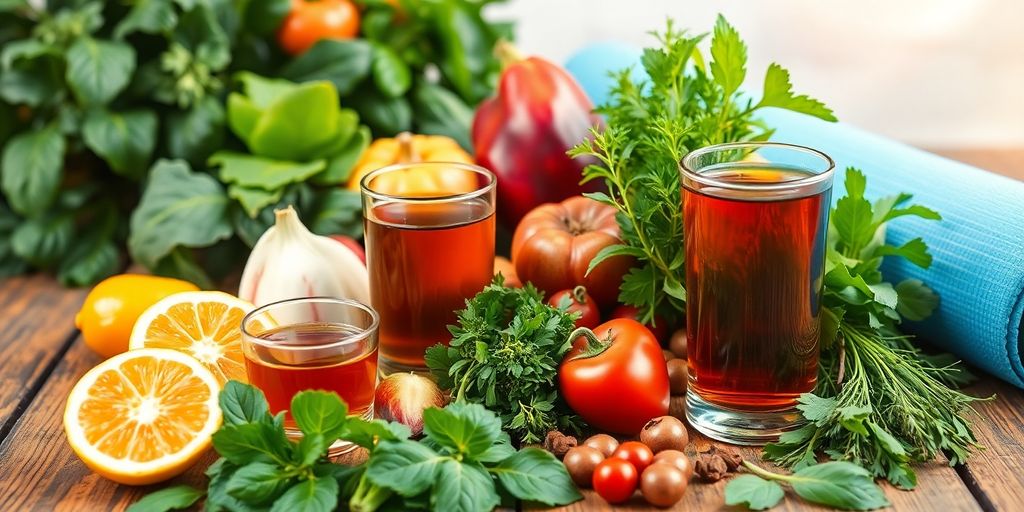 Fresh fruits and herbs on a wooden table for immunity.