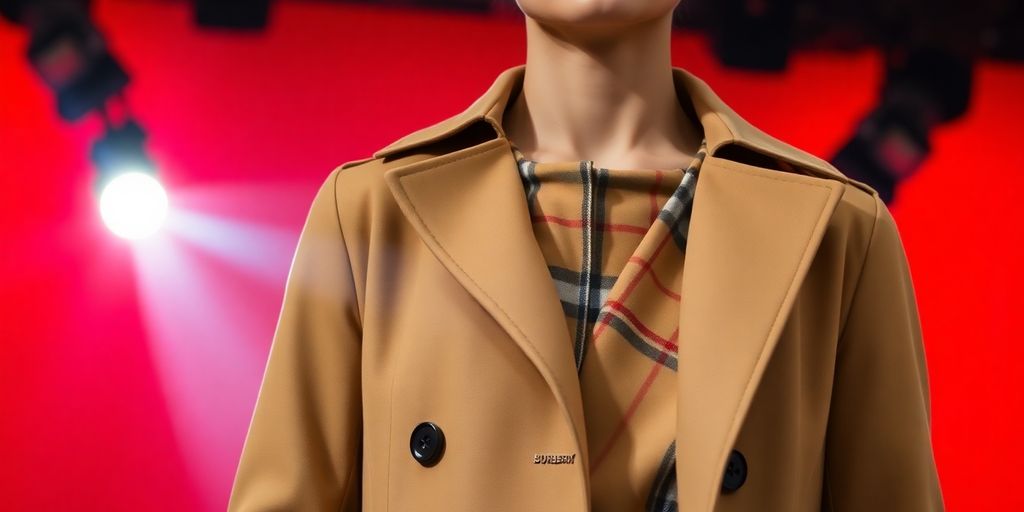 Burberry-Mantel auf dem Laufsteg, roter Hintergrund