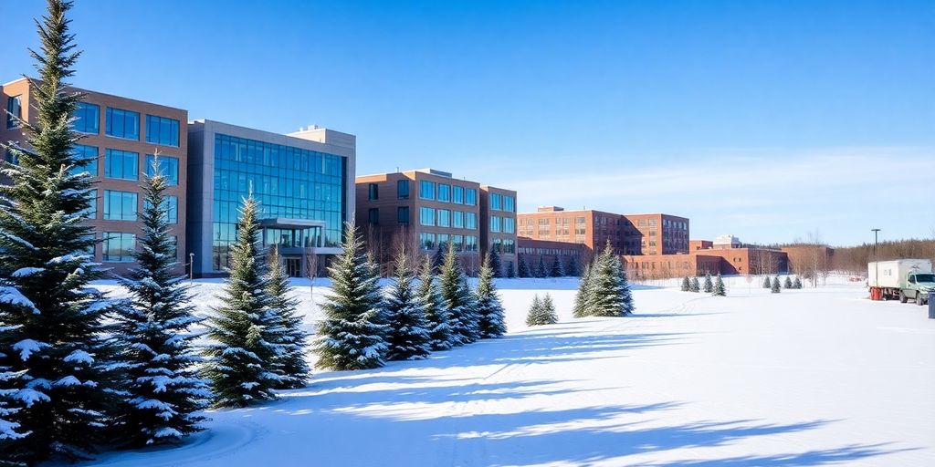 The snowy University of Alaska Fairbanks campus on a sunny day.
