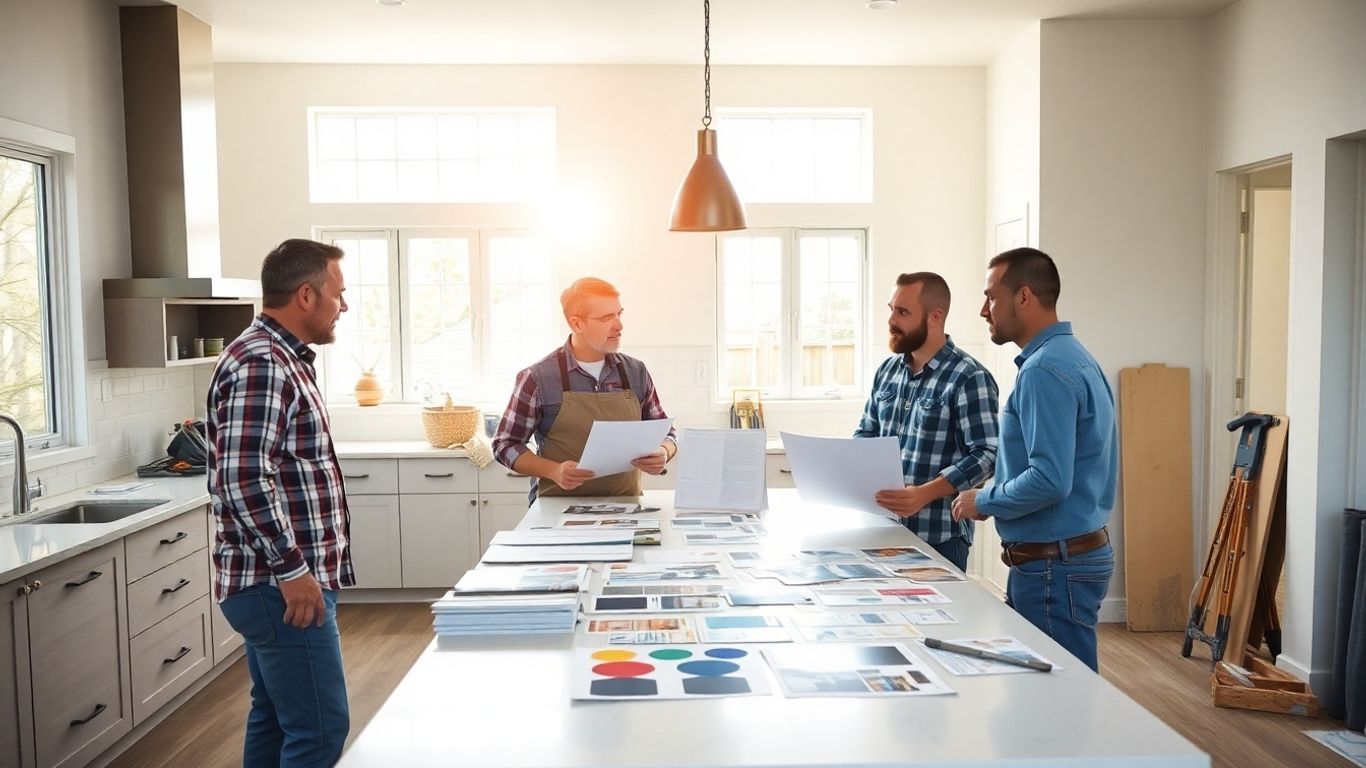 Contractors reviewing remodeling plans in a modern kitchen