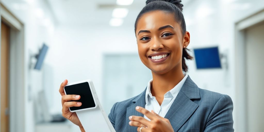 Young professional in business attire with medical products.