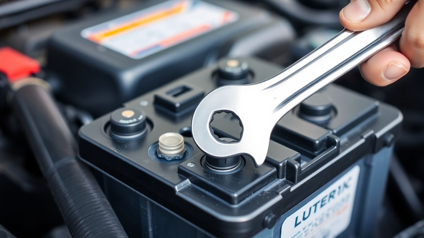 Car battery with a mechanic's hand holding a wrench.